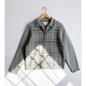 Robert Scott Womens Lambswool Plaid Cardigan Sweater Sage Green Size M Vintage